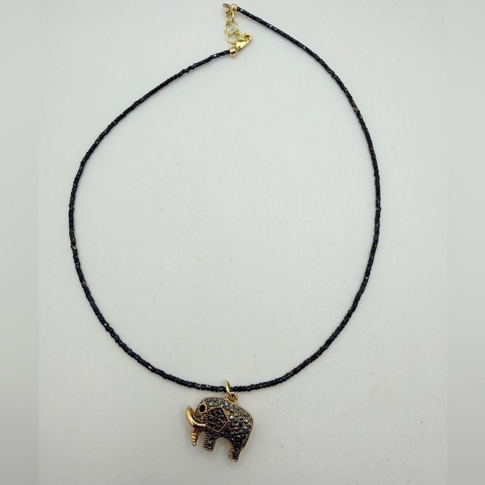 ~16" black glass seed bead necklace with gold and marcasite elephant pendant!
